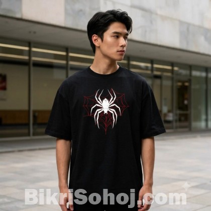 Premium Men's Drop Shoulder Black T-Shirt (Spider Logo)